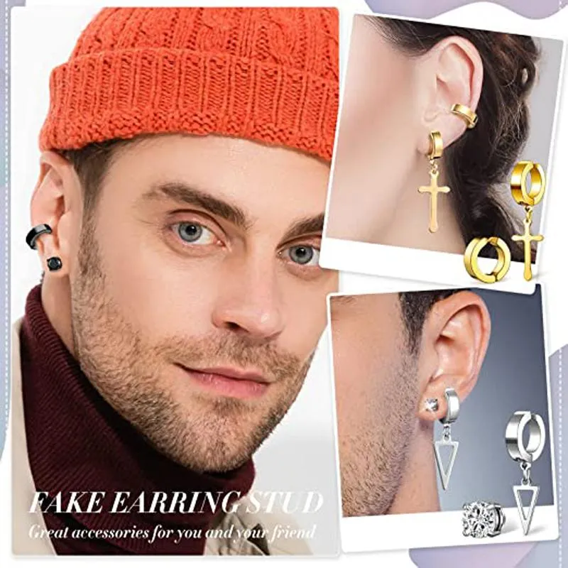 スタッド15ペア磁気偽のイヤリングステンレス鋼クロスダングルフープノンピアスユニセックスクリップEarring276t