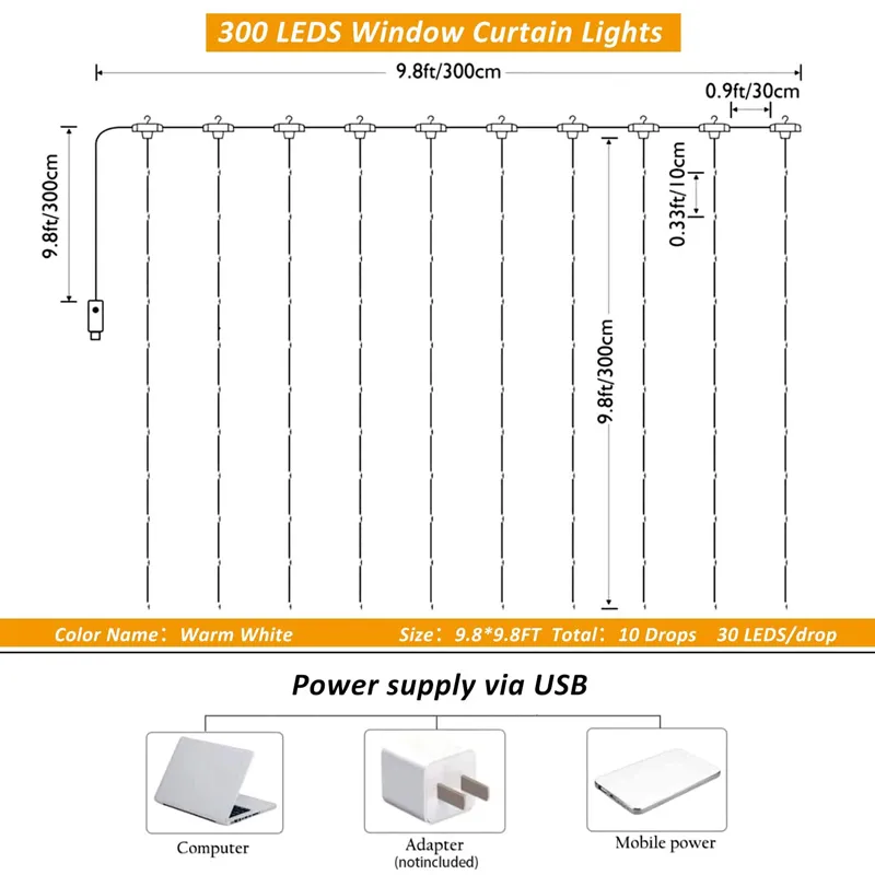 3x1 / 3x2 / 3x3m Fée Rideau Lumineux Avec Crochets Feston LED Guirlandes Décoration De Noël USB Lumières Guirlandes Décor À La Maison 220408