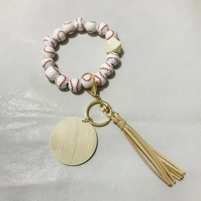 Sports Ball Beaded Bracelet Keychain Tassel Keychains Pendant Creative Football Basketball Baseball Wooden Bead Bracelets