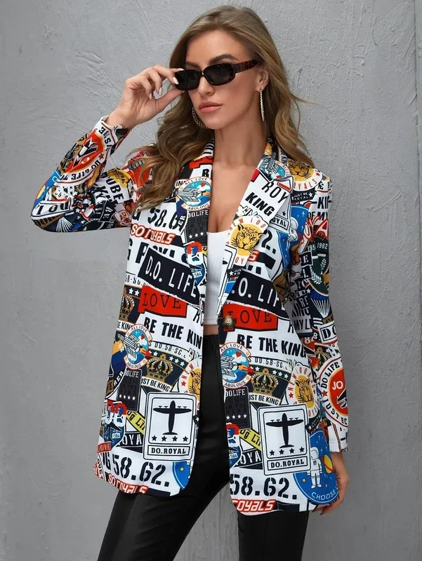Женские куртки винтажные буквы нерегулярная печать Blazer Женская куртка High Stree 220823