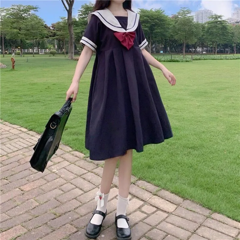 짧은 슬리브 드레스 여성 활 패치 워크 세일러 칼라 주름 JK 일본식 스타일 스위트 카와이 a 라인 학생 Harajuku 220521