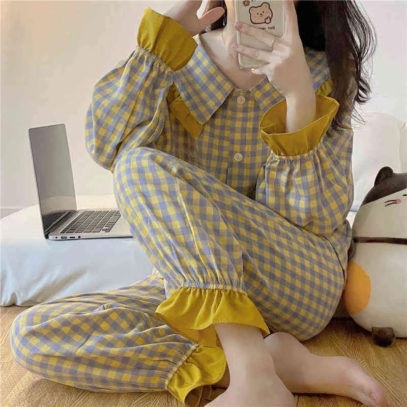 Sweet Plaid Pyjama Ställer in kvinnor långärmad knapp topp elastisk midja byxor lösa lounge hemkläder söta hösten ruffles pajamas 2 st l220803