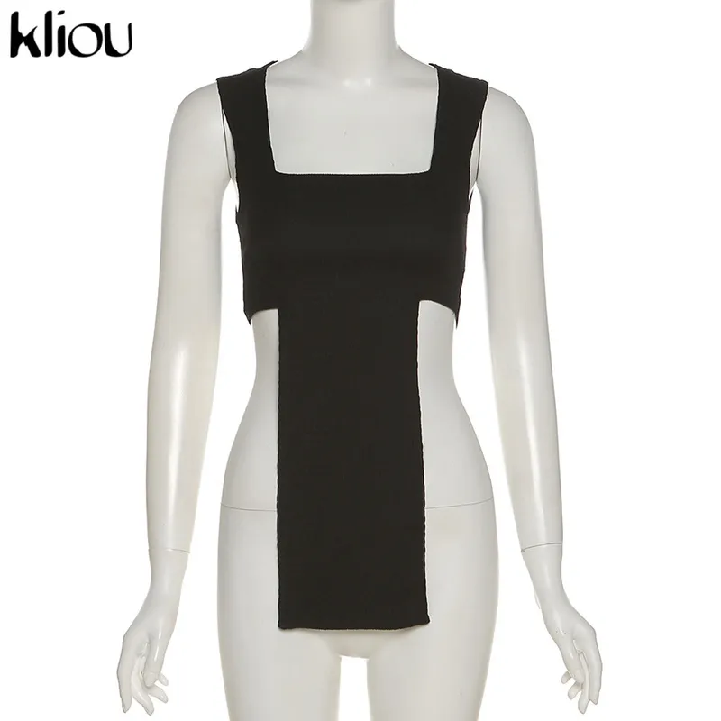 Kliou Solid Top Short Women Skinny Sleeveless X-Long Cleavage Square Collar Summer Fashion Hipster Casual High Streetwear 220318