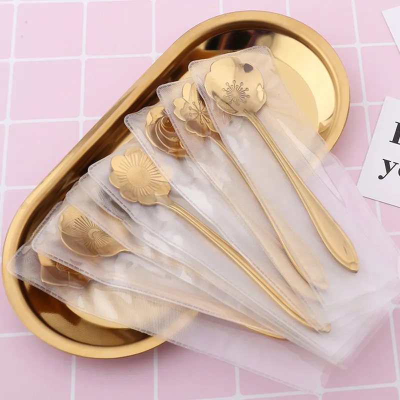 / Set Cherry Blossoms Stainless Steel Tea Coffee Spoon Teaspoons Ice Cream Sugar Flatware Gold Kitchen Tableware 220509