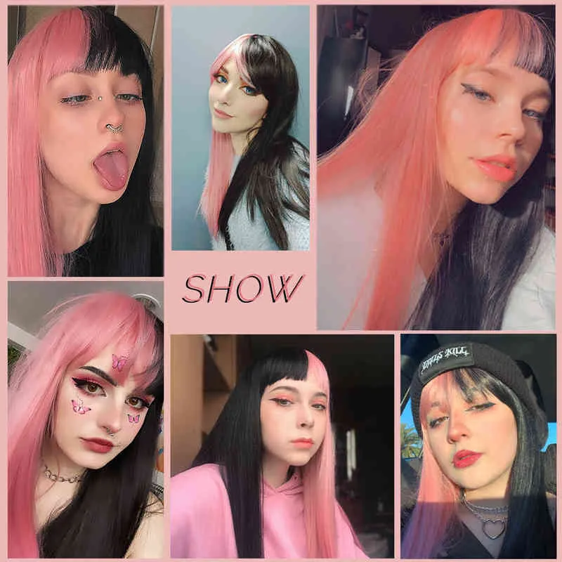 Synthetic Hair Pink and Black Wig Long Straight hair Cosplay Two Tone Ombre Color Women s220505