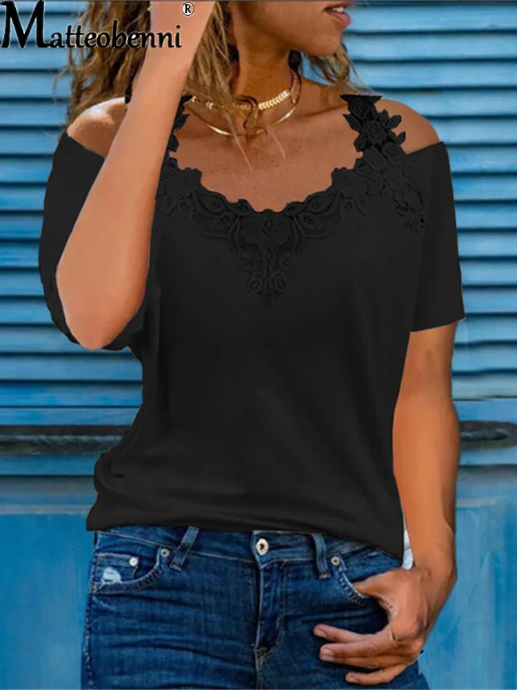 Summer Short Sleeve Sexy Lace Shirt Women Casual V Neck Loose T Shirt Ladies Plus Size Hollow Sling Elegant Pullover Tops 220408
