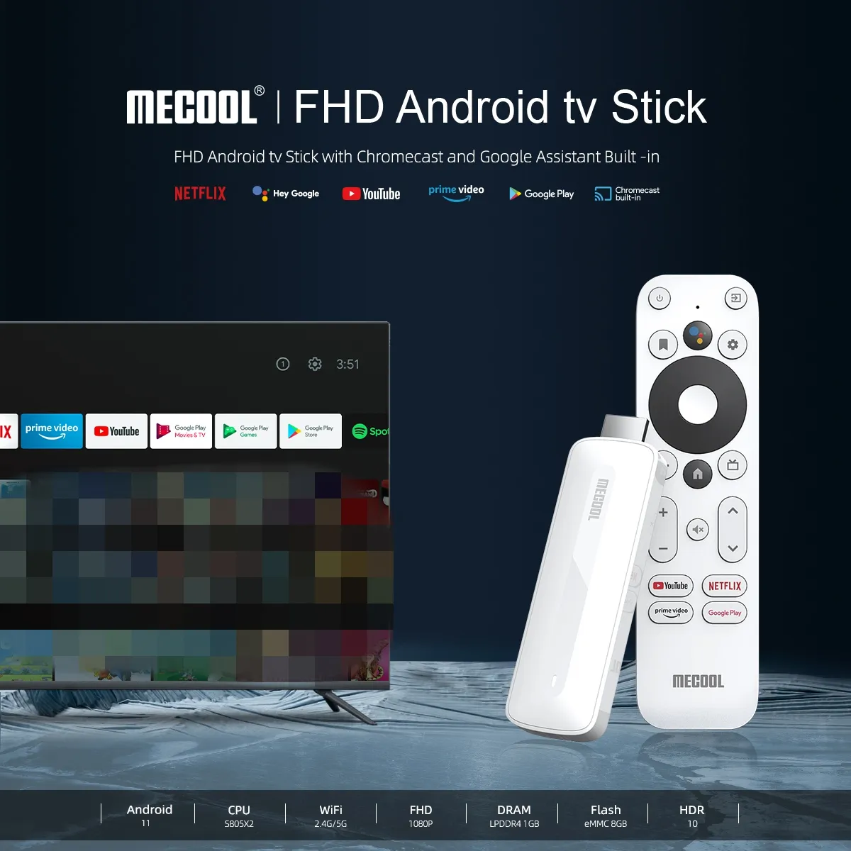 Mecool KD5 TV Stick Voor Netflix 4K HD Android 11 Smart TV Box Google Gecertificeerd 1G 8G WiFi 2.4G/5G Prime Video HDR 10 AV1