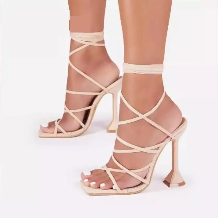 Sandalias de talla grande de verano con cordones sexis para Mujer, zapatos de fiesta con punta cuadrada y tacón cruzado, zapatos de tacón alto, Zapatillas para Mujer 220406