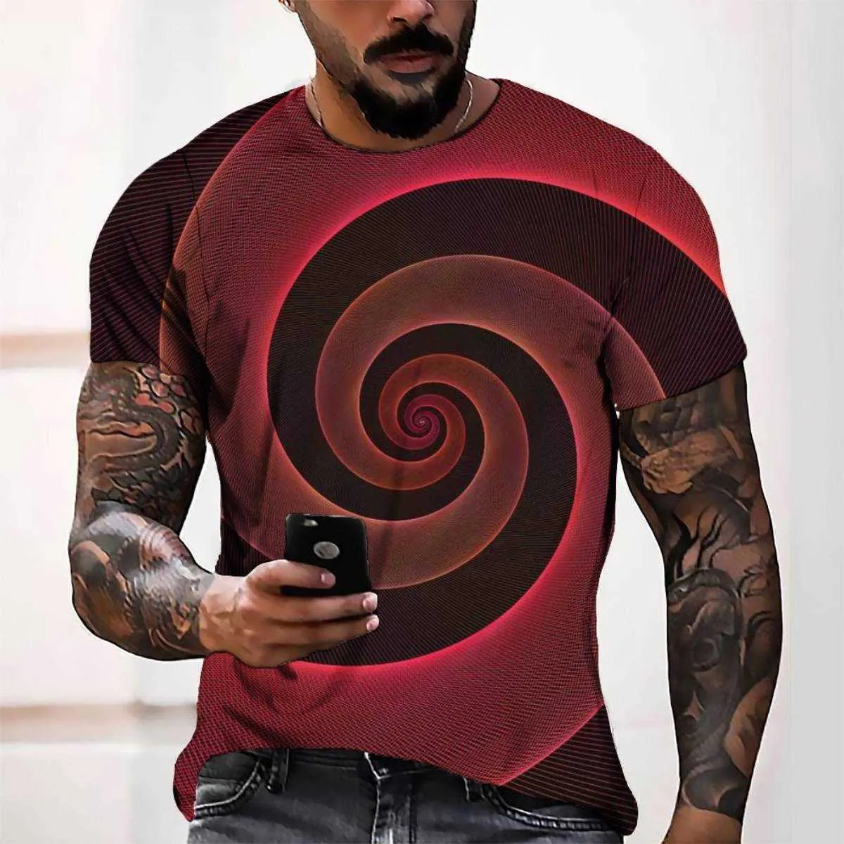 2022 여름 망 티셔츠 3D 디지털 인쇄 재미 회전 골판지 둥근 목 탑 캐주얼 느슨한 반소매 남성 티셔츠