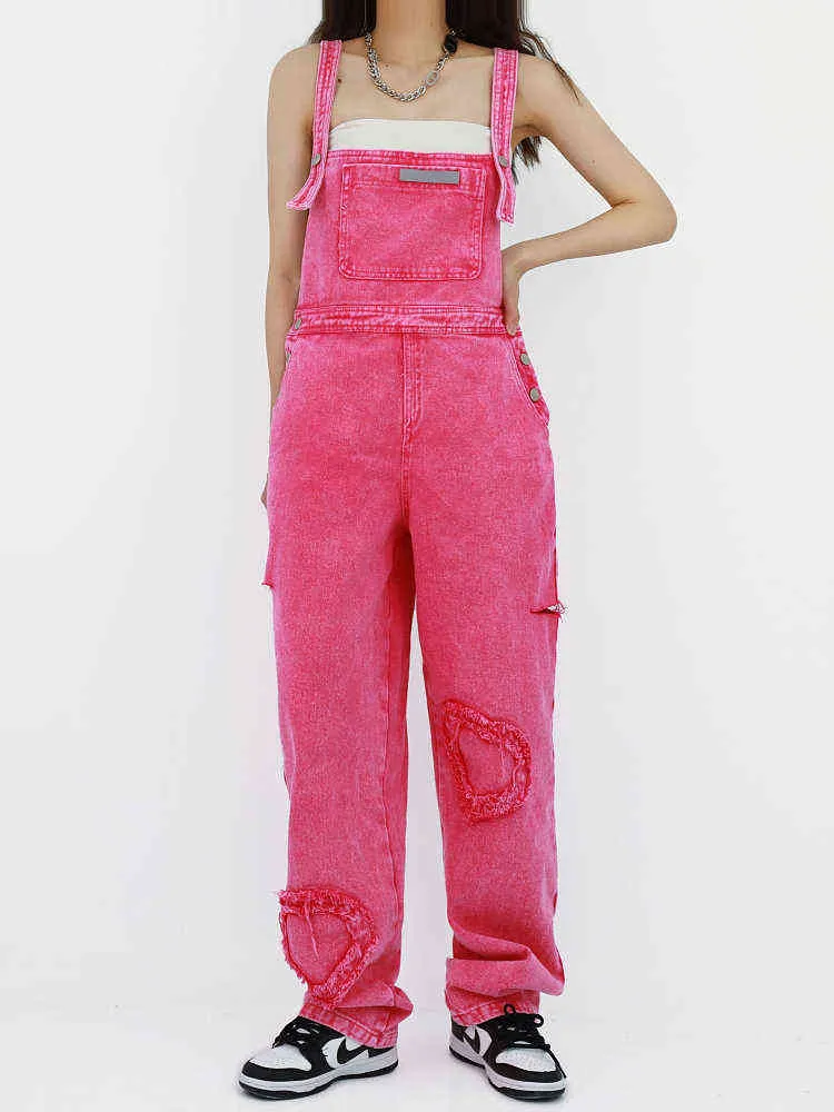 Rose Red Denim Overalls Women Jeans Summer New Retro Hong Kong Style Loose Design Niche Straight Wide Pants female Pants L220726