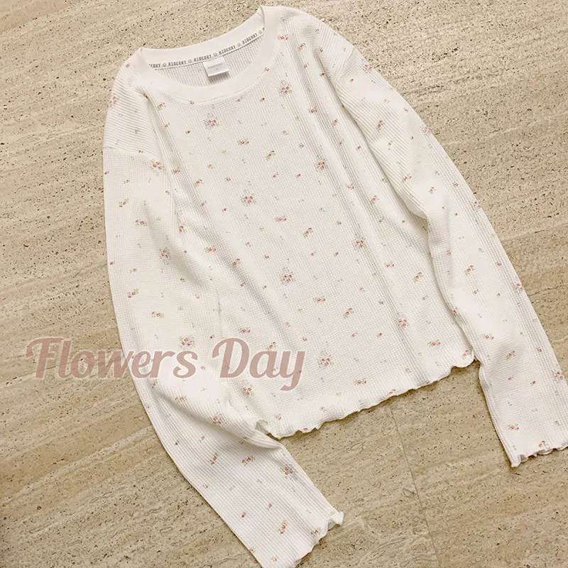 Harajuku Kawaii schattige retro lange mouw t-shirts chique bloemen printing kant tops wafel stof vintage witte top femme 220408