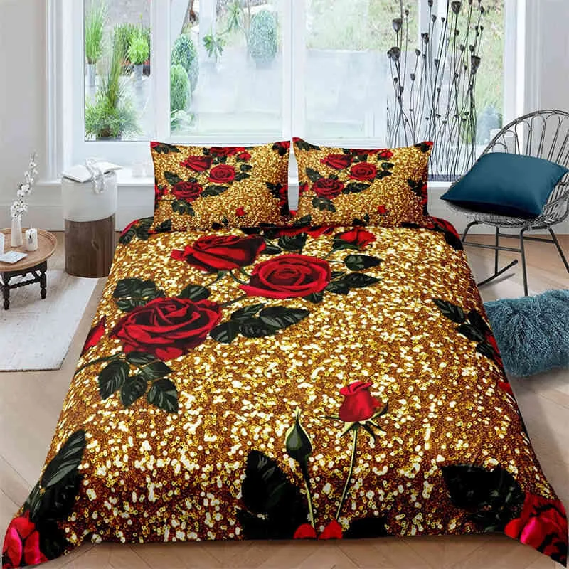 Copripiumino leopardato floreale rosa Set di biancheria da letto a tema animale 3D Piumino romantico con fiori rossi ragazze Coppie Arredamento camera da letto