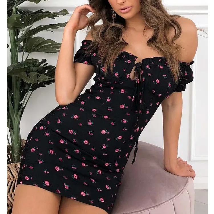 Women Floral Wrap Dress Off Shoulder Tie Up Front Ruffle Mini Summer Office Lady Slash Neck Printed Pencil 220629