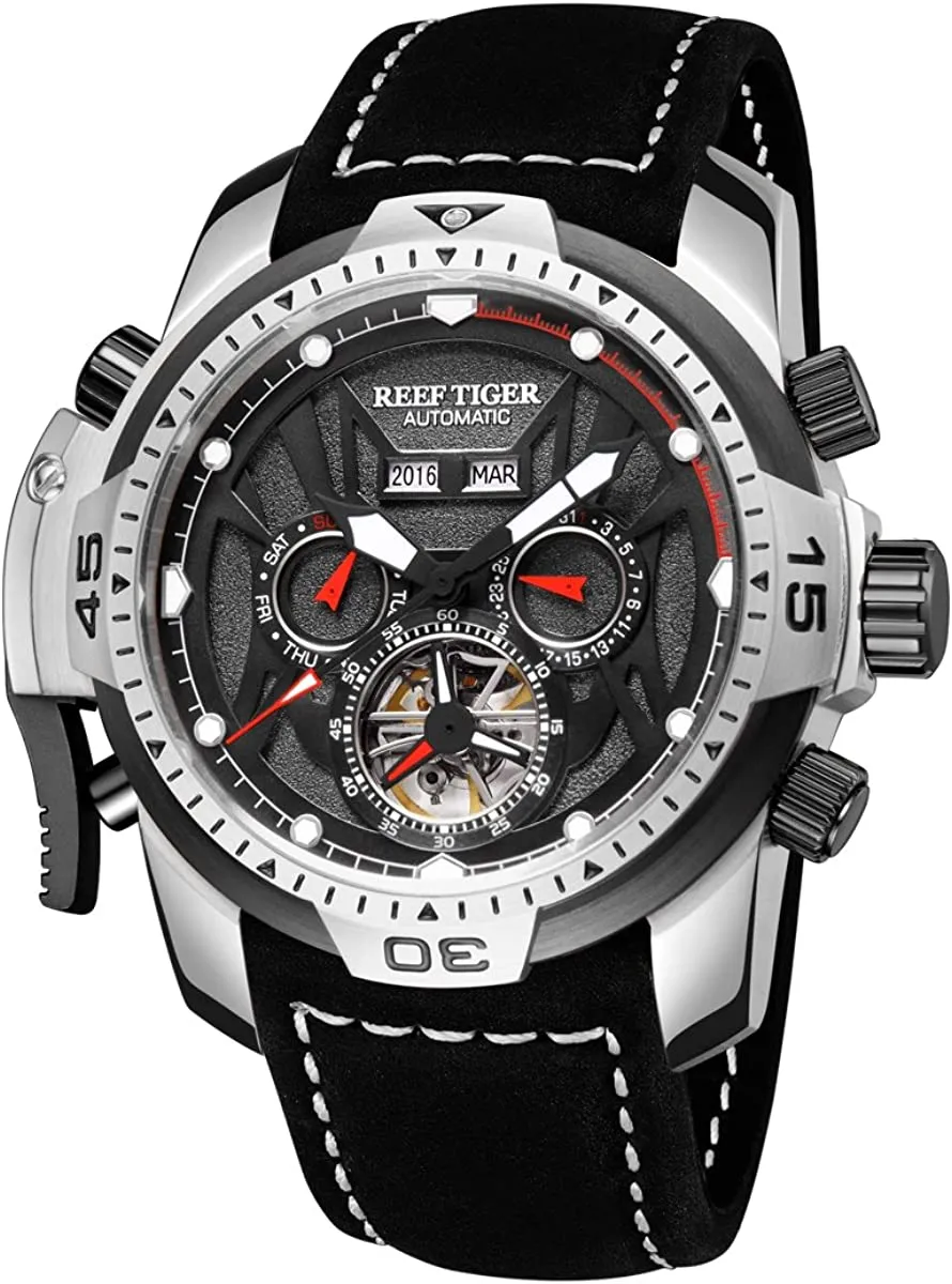 Reef Tiger Mens Sport Watches rostfritt stål Automatisk klocka Militärklockor läderrem