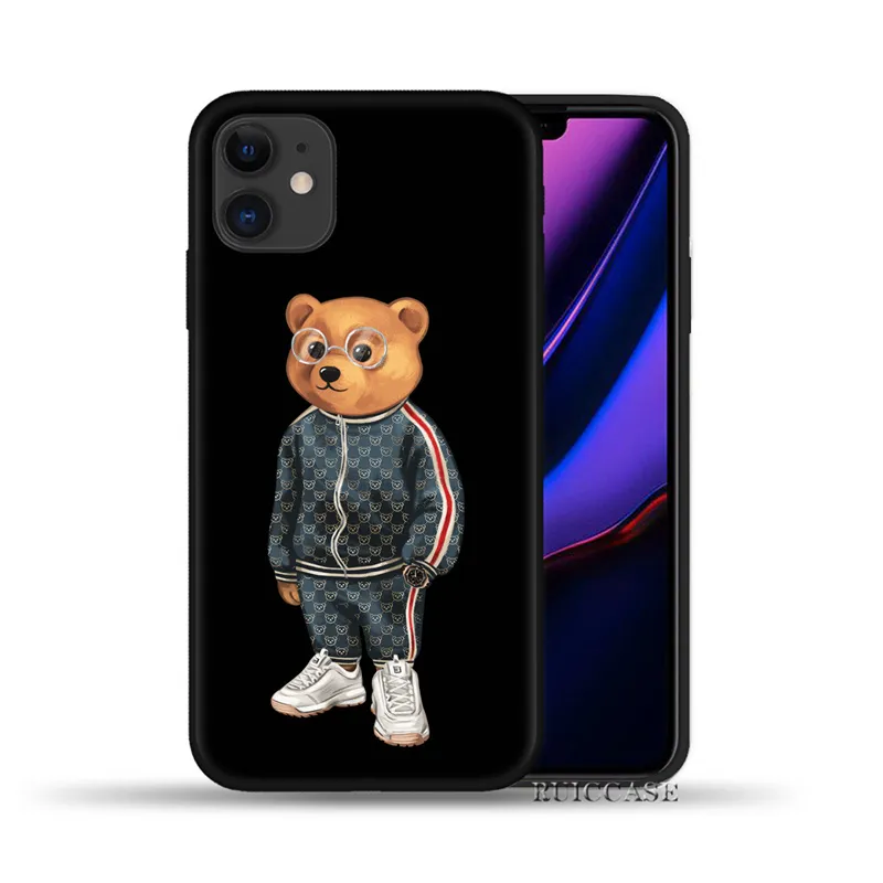 För iPhone 11 12 13 Pro Max Mini 7 8 Plus X Xs XR 6 6S 5S SE 2020 Black Case Cute Bear Fashion Brand Protective Silicone Cover4078369