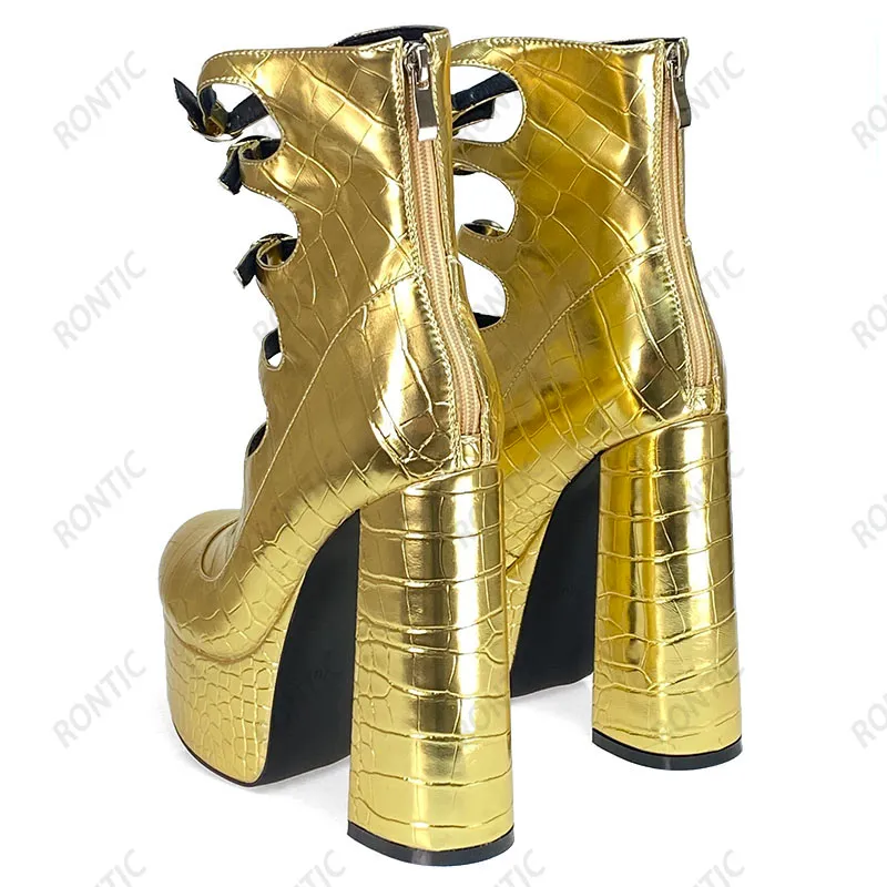Rontic nouvelle mode femmes plate-forme bottines boucle sangle talons épais bout rond jolie or boîte de nuit chaussures taille américaine 5-15