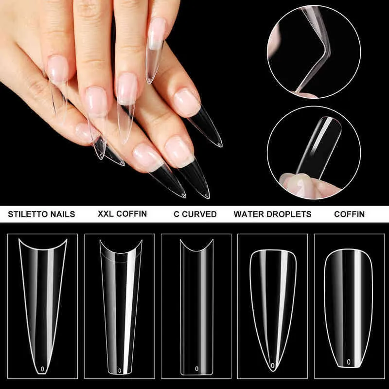 Faux Ongles Clair Stiletto Cercueil Ongles Conseils Système D'extension Demi Couverture Complète Sculpté Ultra Mince Traceless Amovible 0616