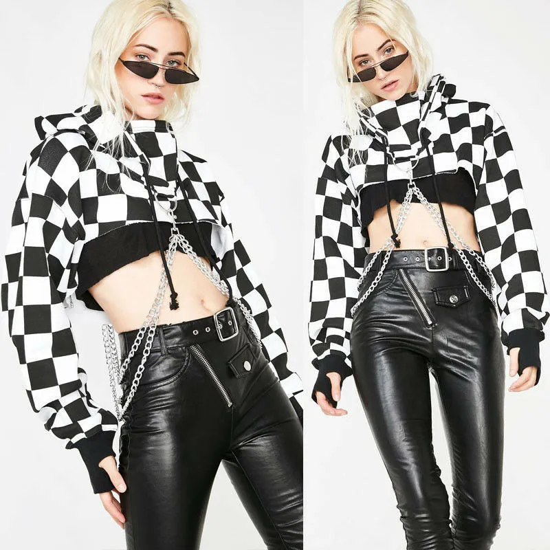 Femmes Sexy Gothique Plaid Crop Top Hoodies Chaîne À Manches Longues Pull À Capuche Pull Casual Sweat Streetwear 220804