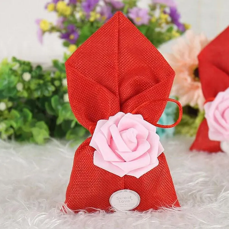 Rose Sweet Love Flower Linen Candy Bag Birthday Wedding Party Favor Gift Box Happy Event Supplies