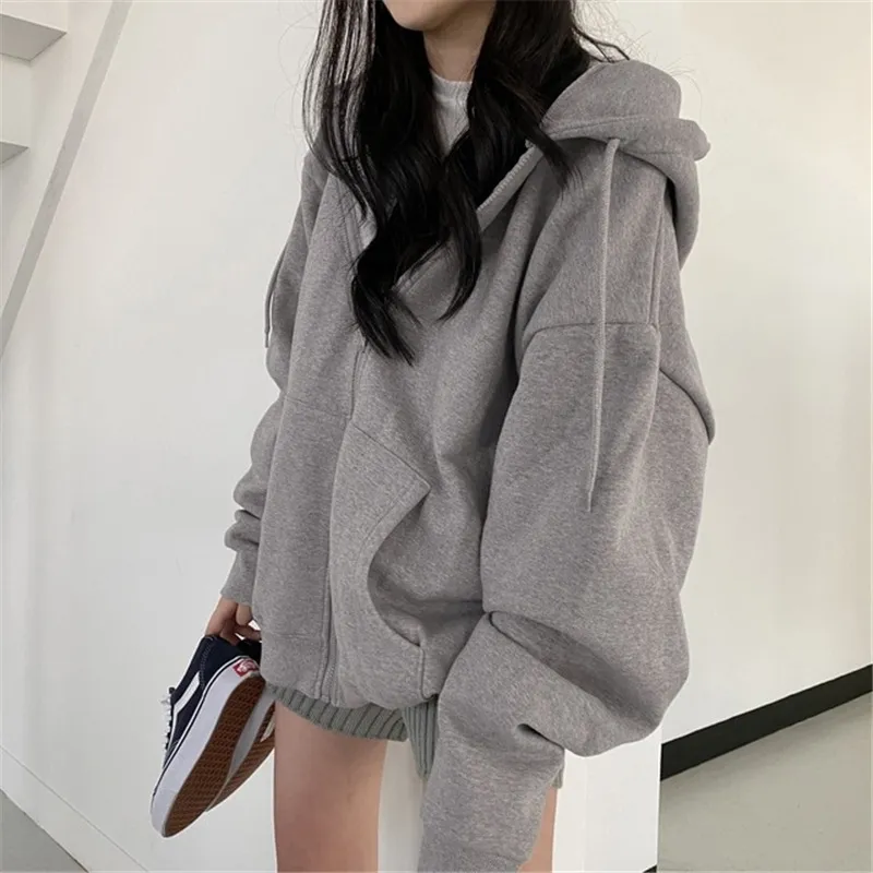 Kvinnors överdimensionerade hoodies harajuku fast färg zip up ficka koreansk streetwear höst långärmad huva kvinnlig slumpmässig tröja 220816