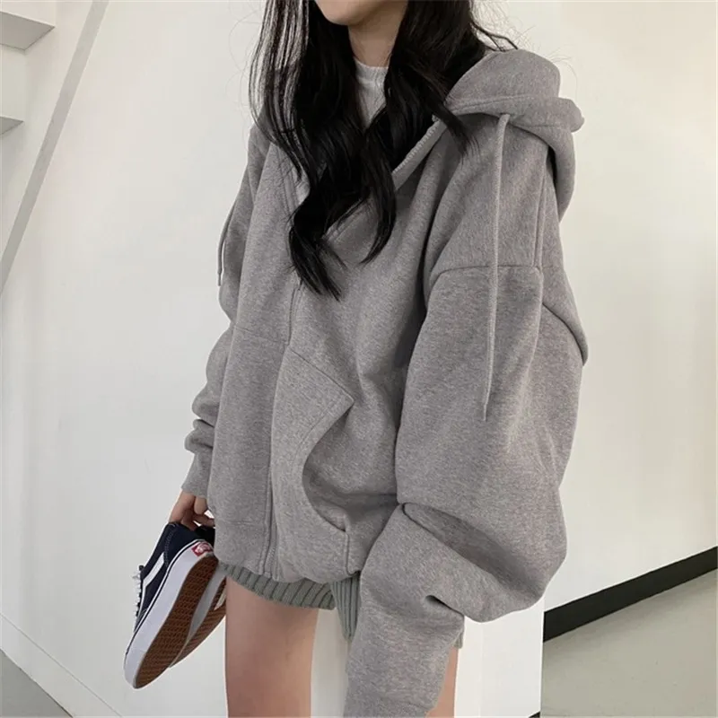 Sweat à capuche femme surdimensionné Harajuku couleur unie poche zippée coréen Streetwear automne à manches longues à capuche femme sweat décontracté 220816