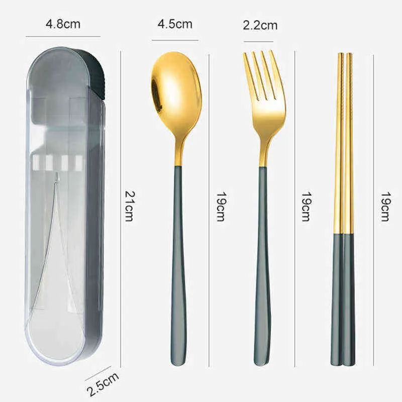 Vaisselle dorée / set couverts portables avec étui baguettes en acier inoxydable fourchette cuillère à soupe camping ustensiles de pique-nique en plein air Y220530