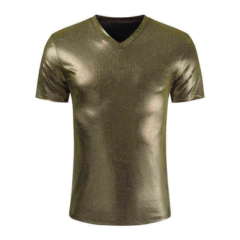 T-shirt metallizzate lucide da uomo Hipster Slim Fit scollo a V manica corta T-shirt da uomo DJ Stage Singer Nightclub Prom Tee Shirt Homme 3XL L220704