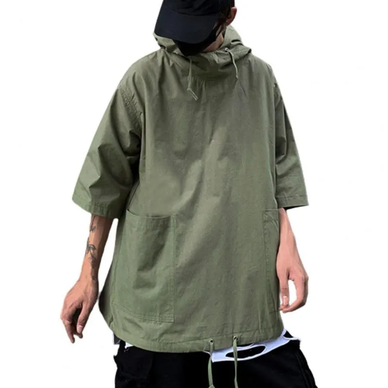 フード付きTシャツメンサマー韓国のハーフスリーブプルオーバートップソフトな大きなポケットルースメンTシャツストリートウェア220607