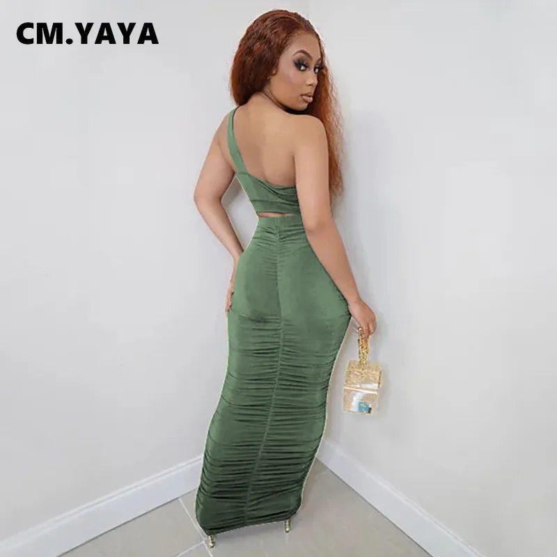 CM.YAYA Women Set Solid Sleeveless Hollow Out Crop Tops Sheath Elastic Shirring Long Skirts Two Sets Sexy Night Outfit 220421