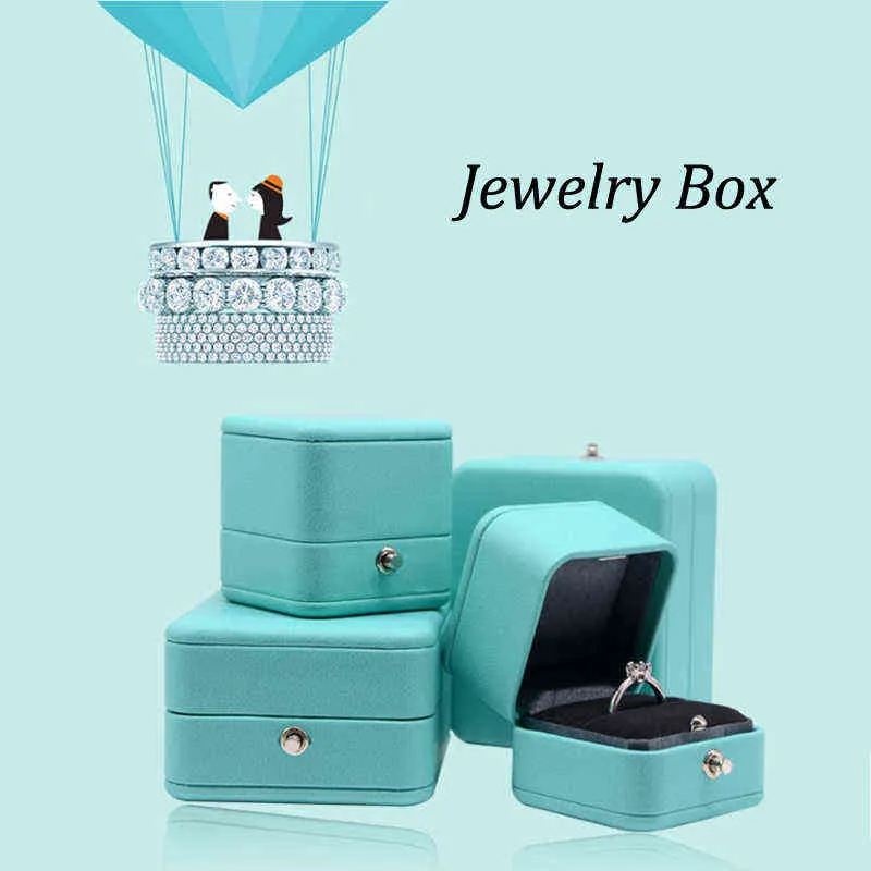 Luxury Romantic Blue Leather Jewelry Present Box Ring Box Halsband Box Ring Förpackning Förvaring Ring Organiser för bröllop Föreslå H2204164280