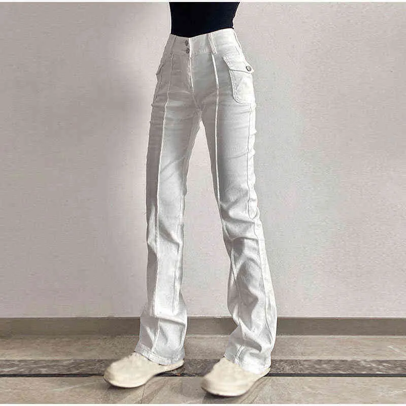 Vintage Blanc Taille Basse Rayé Flare Denim Pantalon Mall Goth Indie Esthétique Sacs Patchwork Jeans Femmes Y2k Large Tuyau Pantalon L220726