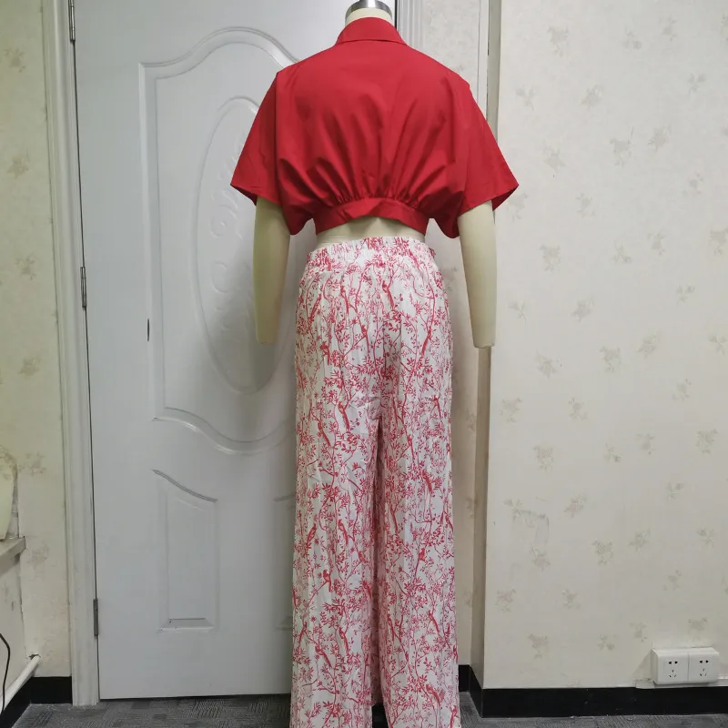 Wefads Womens Two Piece Set Sexig mitthylsa skjorta Elgant Floral Print Wide Leg Pant High Streetwear