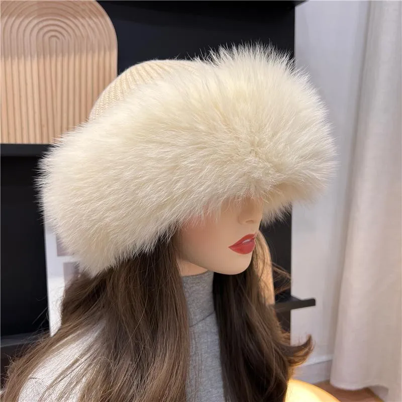 ビーニースカルキャップ女性冬の温かい厚い帽子本物の毛​​皮トリミングガールズフッフィーキャップニットウールアウトドアビーニースカルビーン283t