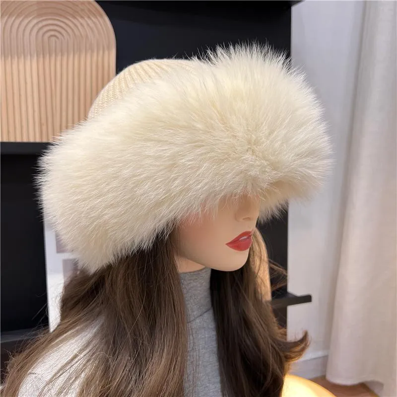 Beanie Skull Caps vrouwen winter warme dikke hoed met echte bont getrimde meisjes pluizige pet gebreide wol buitenboonsbeanie schedel boon300r