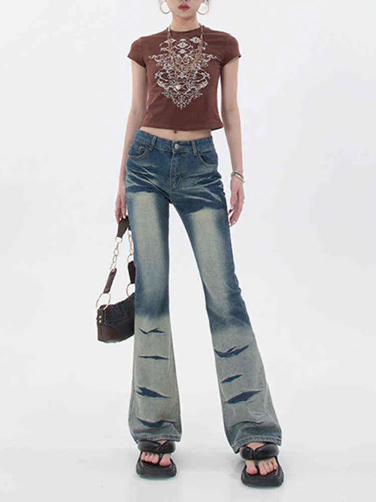 Hög midja kontrasterande färg Mikrobladiga jeans sommar heta tjej design bredben rak high street smal denim byxor t220728