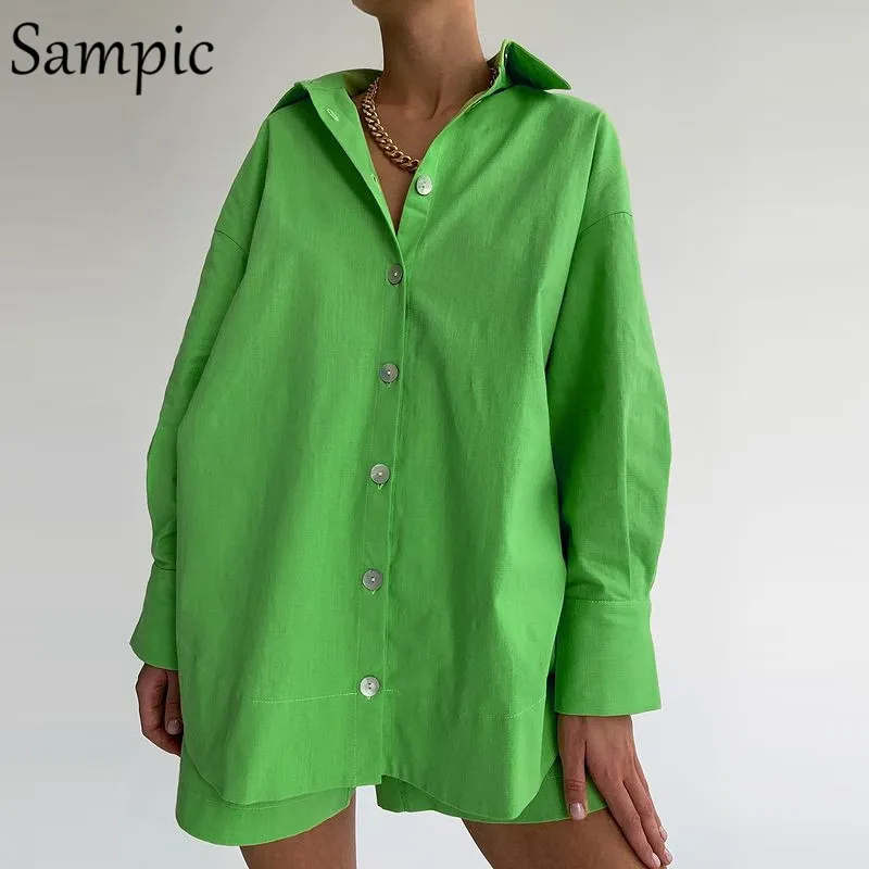 Sampic Casual Long Sleeve Shorts Matching Set Women Tracksuit Loose Shirt Topps and Mini Shorts Two Piece Set Lounge Wear 220602
