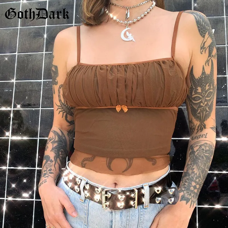 Goth Dark Punk Mesh Gothic E-girl Camis carini Harajuku Pastel Goth Grunge Crop Top Donna Increspato Corto con fiocco davanti Abiti estivi 220407