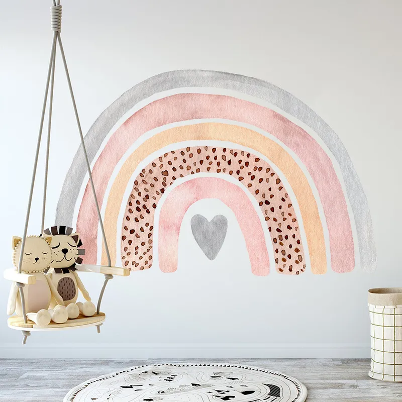 Boho Large Rainbow Beige Pink Watercolor Wall Sticker Vinyl DIY Removable Wall Decals Nursery Girls Room Playroom Home Decor 220613