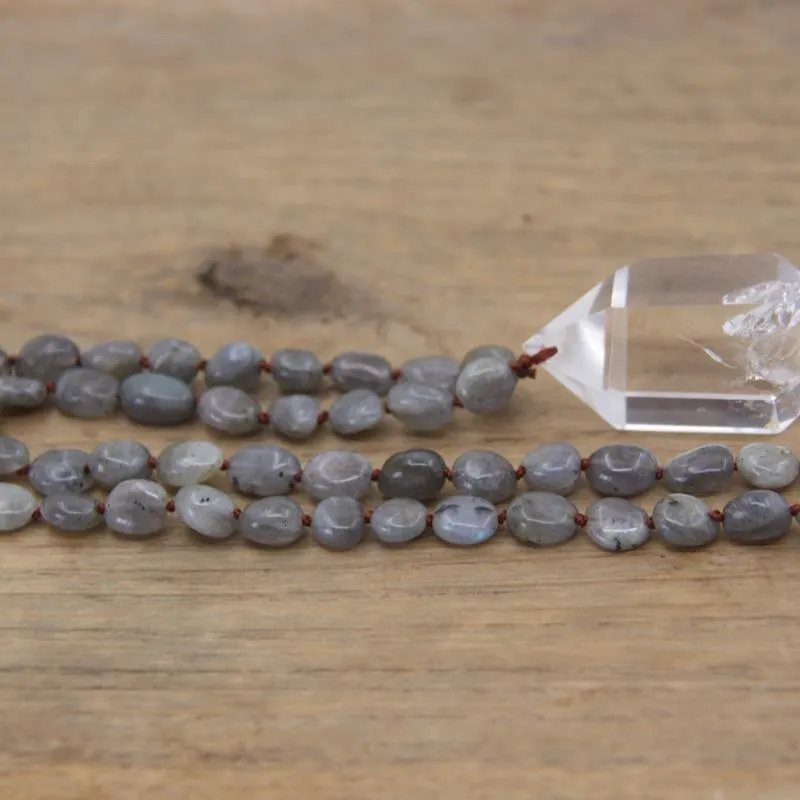 Ожерелья с подвесками, ожерелье с узлом ручной работы, натуральный лабрадорит, самородки, бусины, хрустальные кварцевые двойные точечные подвески, мала-йога Jewe269O