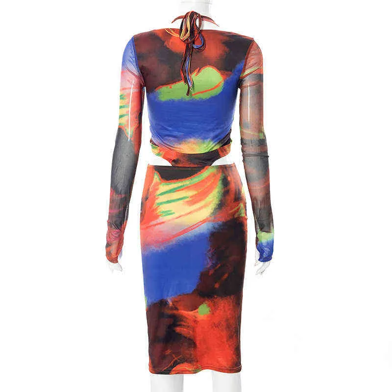 Zoctuo Tie Dye Print Womens Dress Long Sleeve Fashion O Neck Casual Autumn Vestidos Tight Slim Fashion Sexy Mesh Maxi Dresses Y220401