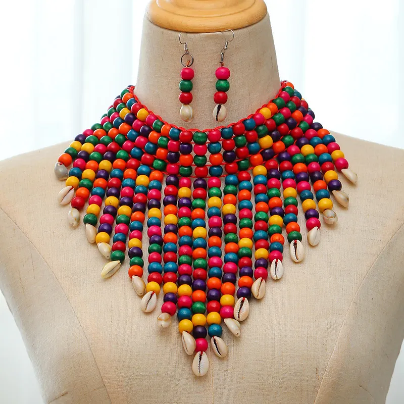 Afrikansk uttalande Chunky halsband för kvinnor Multi Strand Colorful Bead Layered Halsband Fashion Jewelry Costume örhängen Set 220810