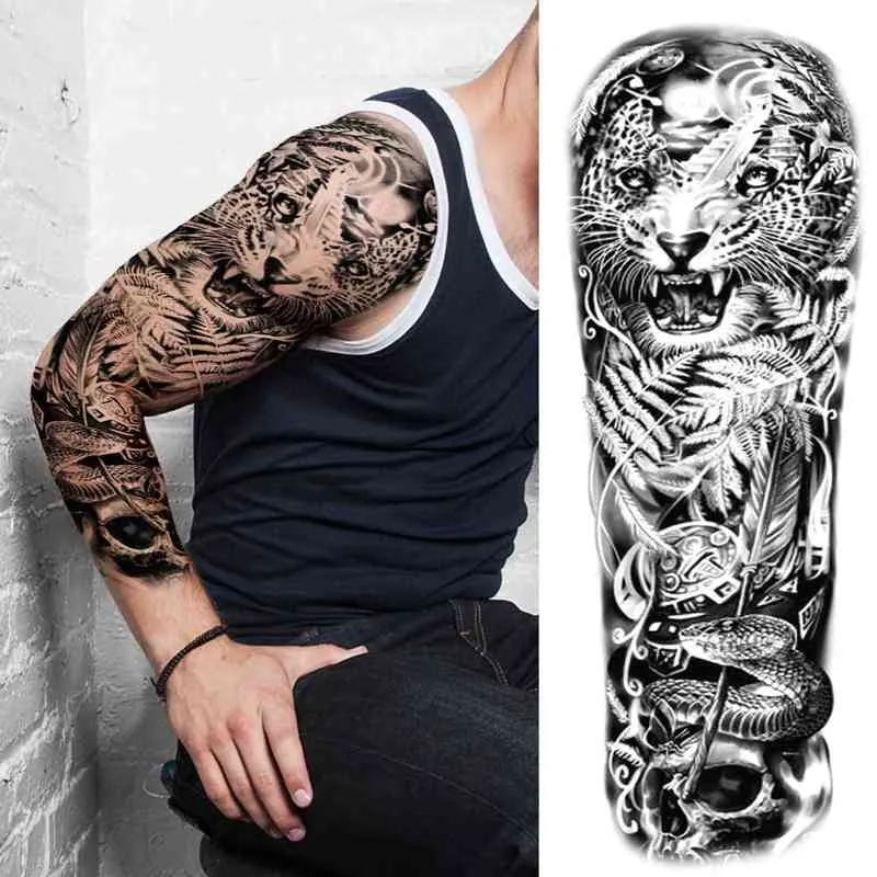 NXY Tatouage Temporaire Réaliste Faux Roi Lion s pour Hommes Femmes Forêt Noire Tigre Autocollant Fleur Géométrique Tatouages Manches Complètes 0330