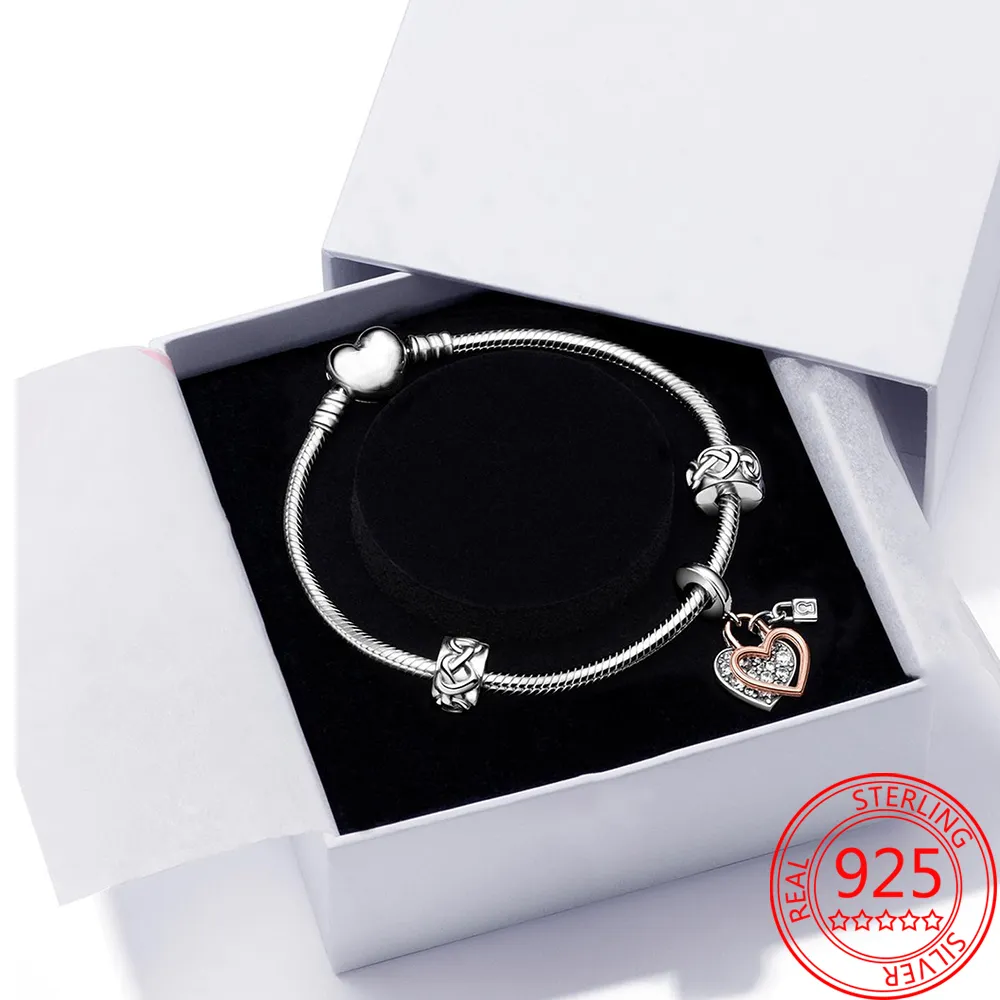 Neue beliebte 925 Sterling Silber Rose Gold Herz Vorhängeschloss Doppel Charme für Pandora Schlange Armband DIY Schmuck Mädchen Geschenk machen