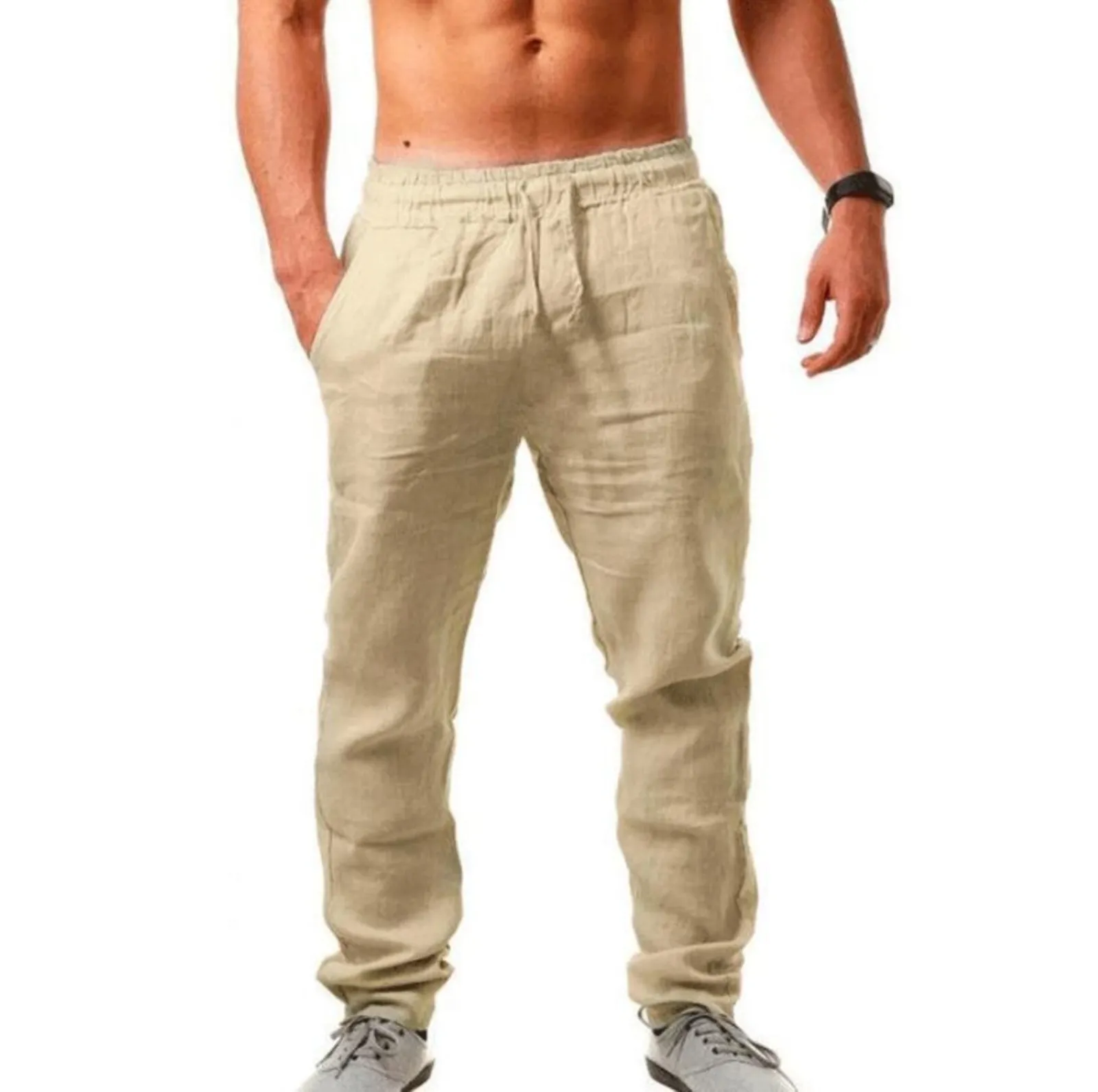 Calça de linho de outono Moda de verão Men S elástico elástico Casual Coloque 9 cores Cores White Grey Khaki Fitness Streetwear S 4xl 220719