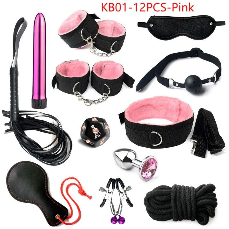 Beauty Items Adult SM BDSM Kits Adults sexy Toys For Women Handcuffs Whip Nipple Clamps Spanking Metal Anal Plug Vibrator Pink