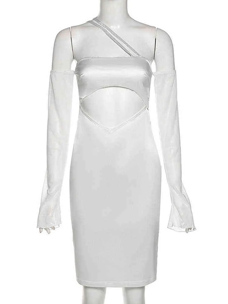 Bevenccel One-Shoulder-Langarm-Midikleid aus Satin, sexy, schulterfrei, figurbetontes Kleid, elegantes Mesh-Club-Partykleid, Weiß, Y220401