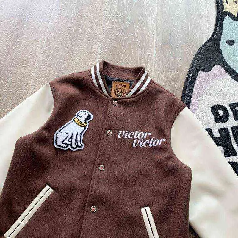 Human Made Victor coppia autunno inverno Victor Dog Giacca da baseball con maniche in pelle vintage americana