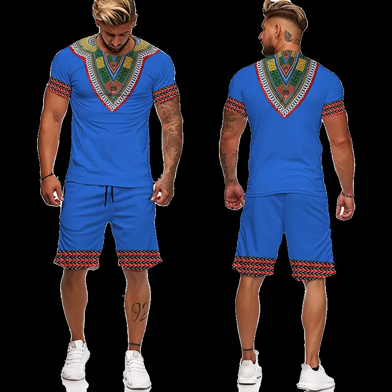 Zomer 2 -delige set 3D -print Afrikaans t -shirt voor mannen shorts past vintage kleding hiphop t -shirt conjunto masculino 220708