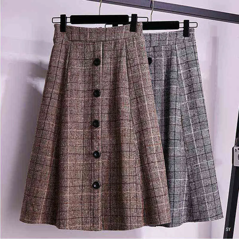 2022 Nieuwe herfst- en winter retro plaid verdikte rok dames groot formaat midden-lengte Koreaanse versie hoge taille a-line rok L220725