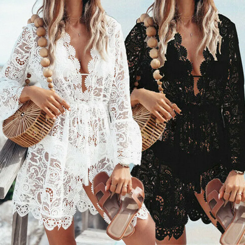 Women Sexy V neck Lace Beach Bikini Cover Up Female Boho Casual Party Holiday Dress Sundress Outfits 220524